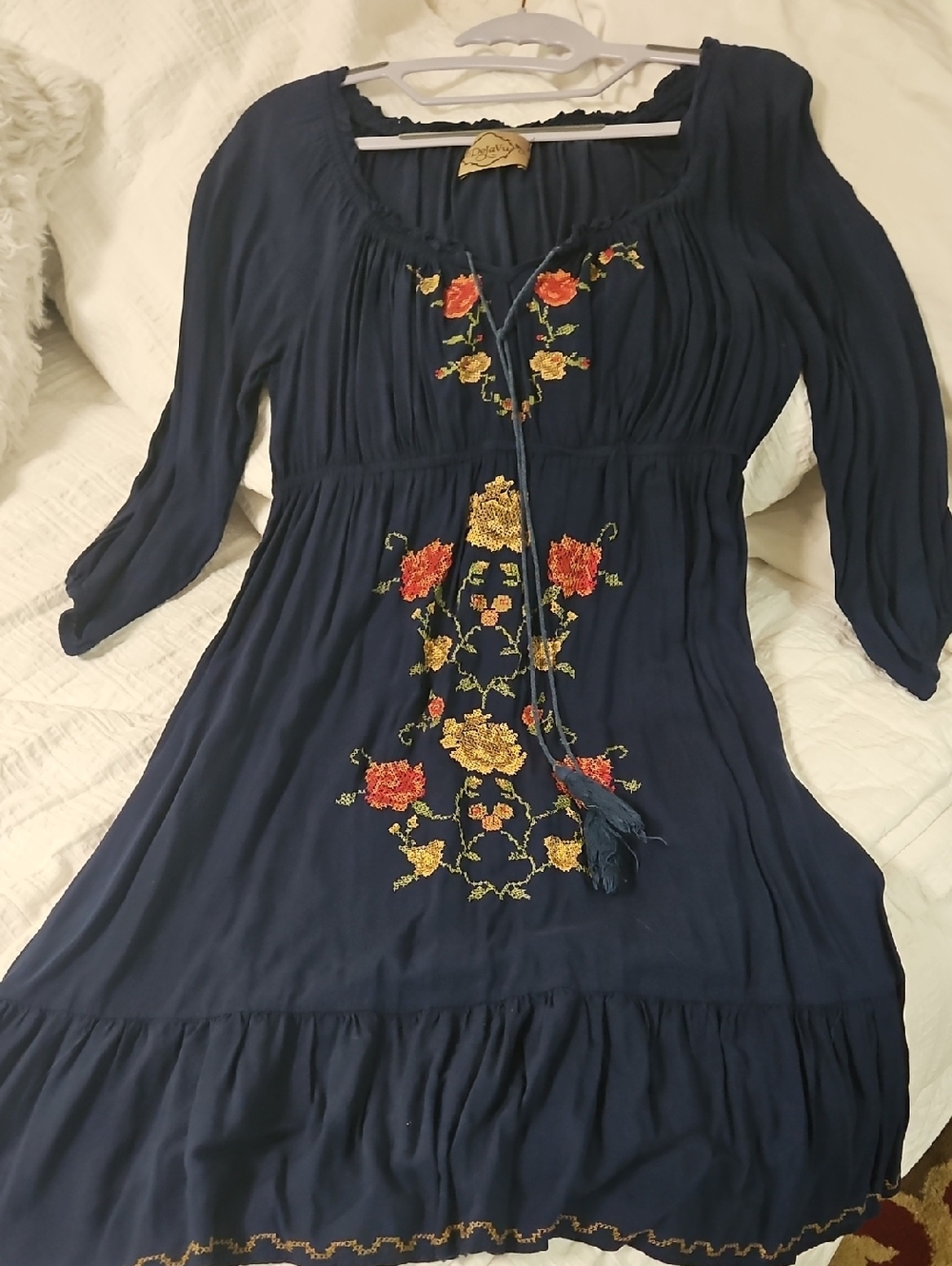 Navy Long-Sleeve Embroidered Peasant Dress Size L